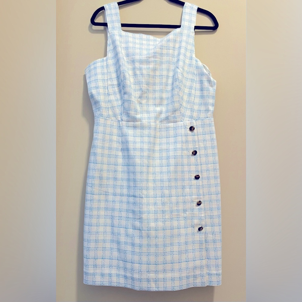 12P Ann Taylor Dress White and Blue Plaid Button Trim Sheath Tweed Square Neck